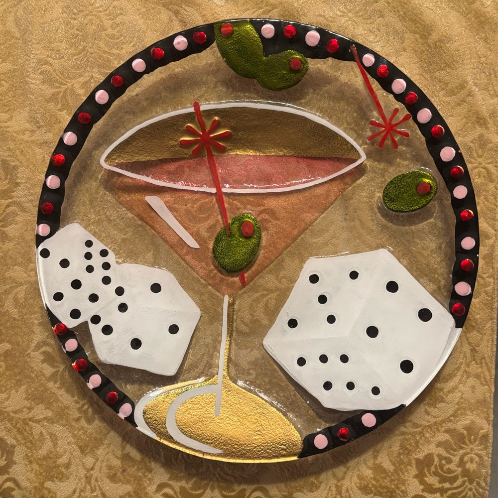 Lori Siebert for silvestri serving plate. Dice and martini accessories dish